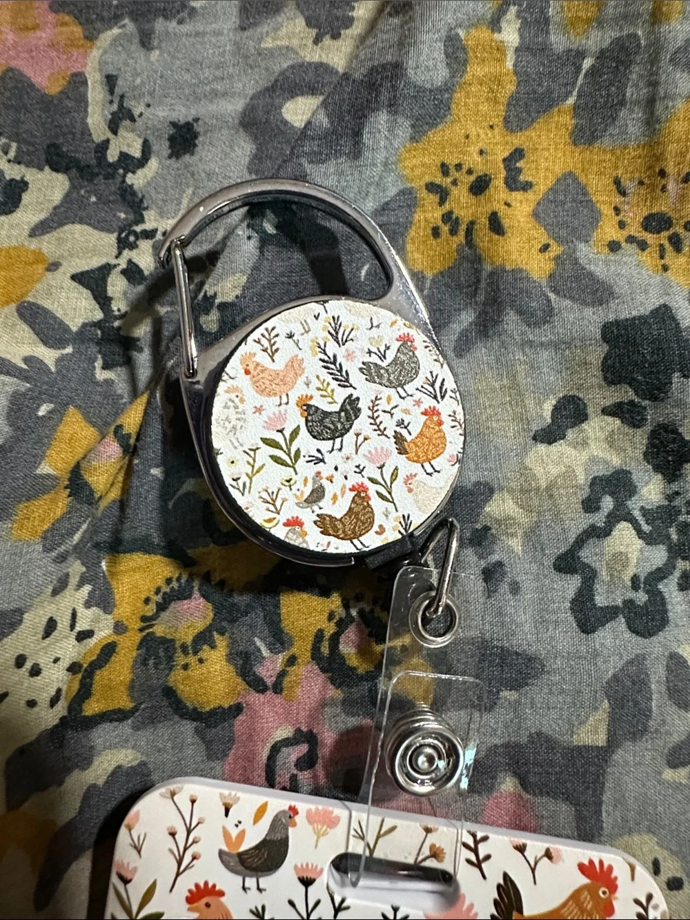 Floral Chicken ID Badge Holder with Matching Reel — White, Orange, Black, Pink
